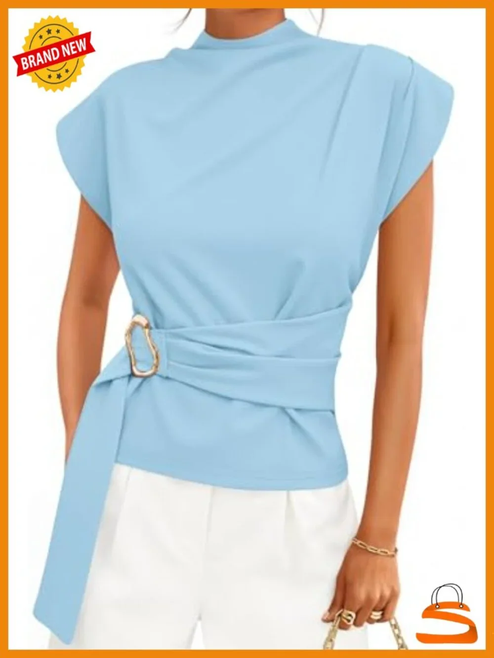 Mock Neck Cap Sleeve Blouse with Belt Back Zip - Picture 1 of 6